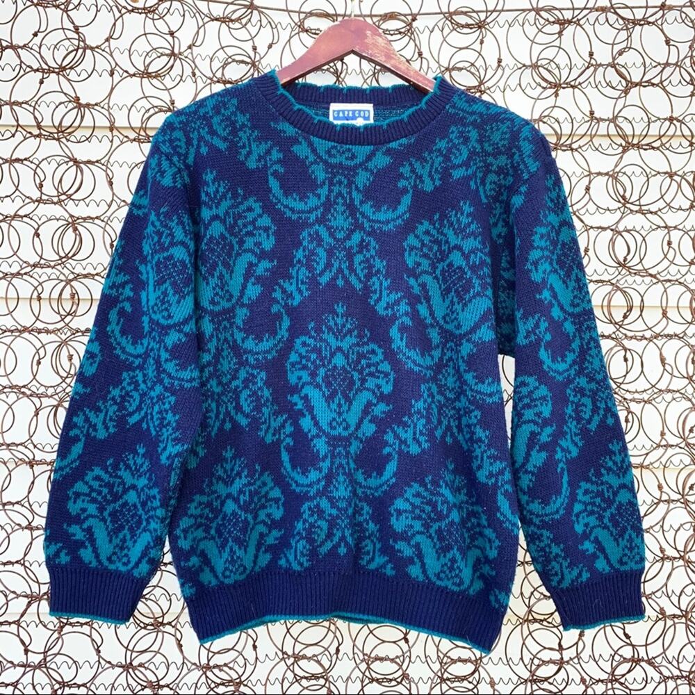 Vintage 90s Cape Cod filigree teal blue sweater MEDIUM